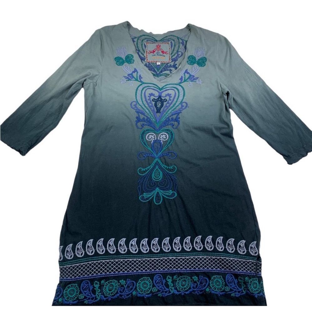 Johnny Was JW Los Angeles Embroidered Blue Ombré Cotton Tunic/Dress Women's SZ L